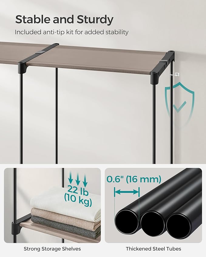 SONGMICS Portable Closet, Freestanding Closet Organizer, Clothes Rack with Shelves, Hanging Rods, Storage Organizer, for Cloakroom, Bedroom, 54.3 x 16.9 x 71.7 Inches, Taupe URYG025R02