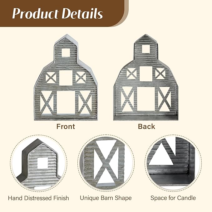 Barn Shaped Tea Light Holder Farmhouse Galvanized Metal Candle Holder Vintage Barn Decor for Table Centerpiece - 6.3" x 1.97" x 8.46"