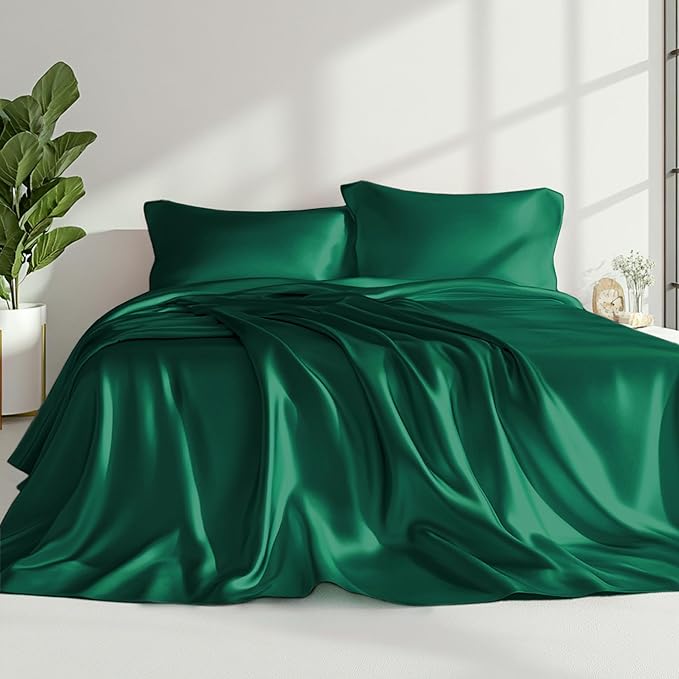Love's cabin Satin Queen Sheets Set - 4 Piece Dark Green Silky Bed Sheets with Deep Pocket, Luxury Silk Feel Satin Queen Size Sheet Set (1 Flat Sheet,1 Fitted Sheet,2 Pillow Cases)