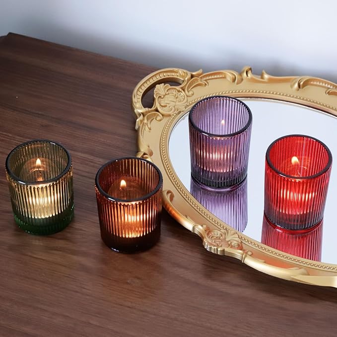 VOHO 24pcs Multicolor Tealight Candle Holder, Vintage Ribbed Tea Light Candle Holder Glass for Room Decor, 4 Color Votive Candle Holders for Table Centerpiece(Green/Red/Purple/Amber)