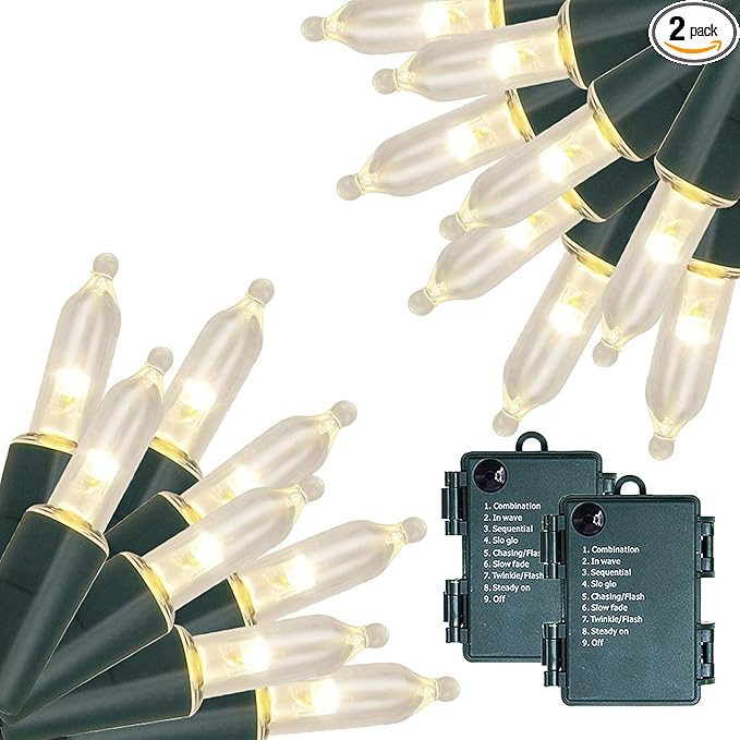 Twinkle Star 2 Pack Outdoor Christmas Lights, Total 33 FT 100 LED Battery Operated Christmas Lights with 8 Modes, Xmas Tree Lights Waterproof for Patio Garden Party Wedding Holiday Decor Warm White