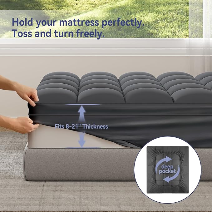 ELEMUSE King Grey Mattress Topper for Back Pain, Extra Thick Mattress Pad Cover, Plush Soft Pillowtop with Elastic Deep Pocket, Overfilled Down Alternative Filling