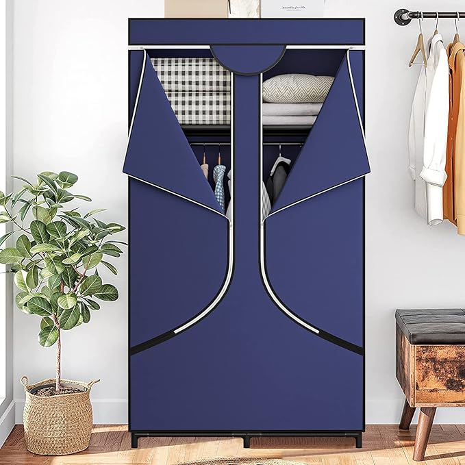 34 Inch Portable Wardrobe Closet Clothes Organizer with Metal Shelves and Non-Woven Fabric Durable Closet Storage Organizer for Bedroom (34 Inch, Blue)