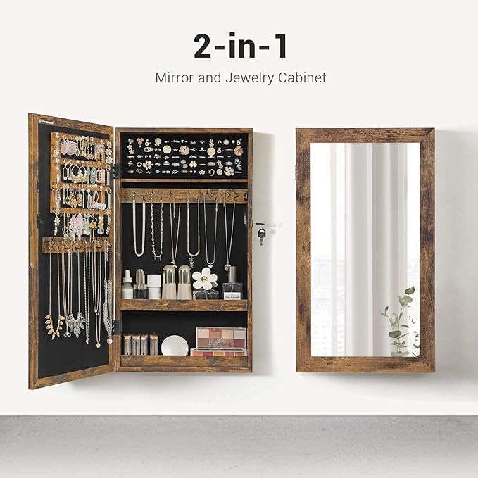 SONGMICS Lockable Jewelry Cabinet Armoire with Mirror, Wall-Mounted Space Saving Jewelry Storage Organizer, Christmas Gift, Rustic Brown UJJC051K01