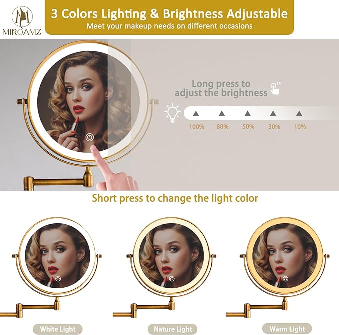 Rechargeable Wall Mounted Lighted Makeup Vanity Mirror 8 Inch Double Sided 1X 10X Magnifying for Bathroom, 3 Color Lighting, Touch Screen, 360 Rotation Shaving Brushed Antique Brass
