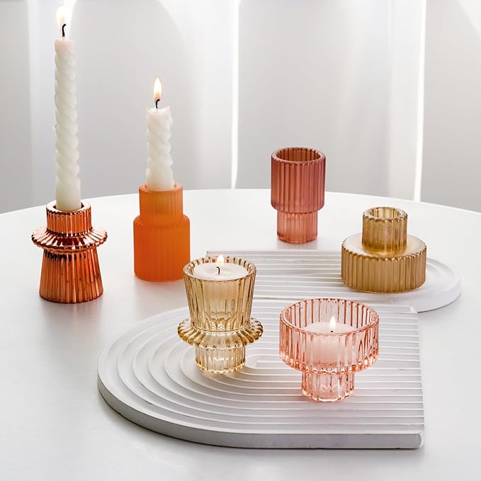 Pink Candlestick Holders 12PCS Ribbed Glass Taper Candle Holders Set for Tealight Candlestick Candles, Table Centerpieces for Weddings Christmas Home Decor Indoor and Outdoor