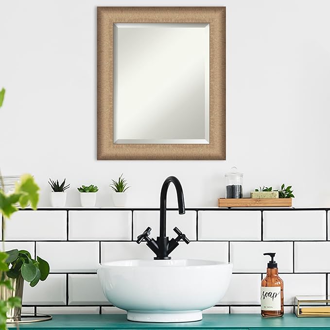 Amanti Art Bronze Bathroom Mirror for Over Sink, 25x21 Elegant Brushed Bronze Rectangle Vanity Mirror, Small Casual Frame, Hangs Horizonally and Vertically, Bathroom Wall Decor, Beveled Edge