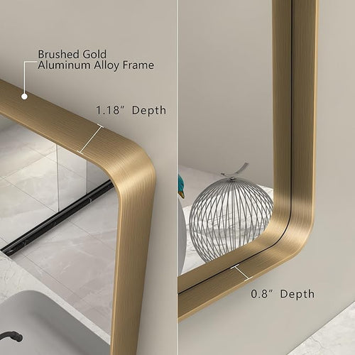 28x32 Gold Bathroom Mirror, Rounded Rectangle Gold Frame Mirror, Brushed Gold Brass Bathroom Vanity Mirror Wall-Mounted, Anti-Rust, Hangs Horizontally or Vertically