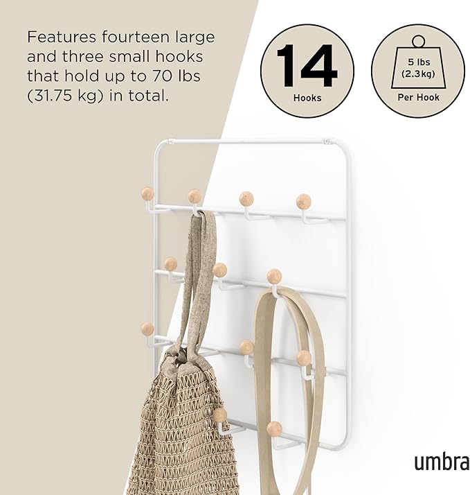 Umbra Estique Over The Door Coat Rack & Multi-Use Organizer, For Coats, Bags, Hats & More, White/Natural