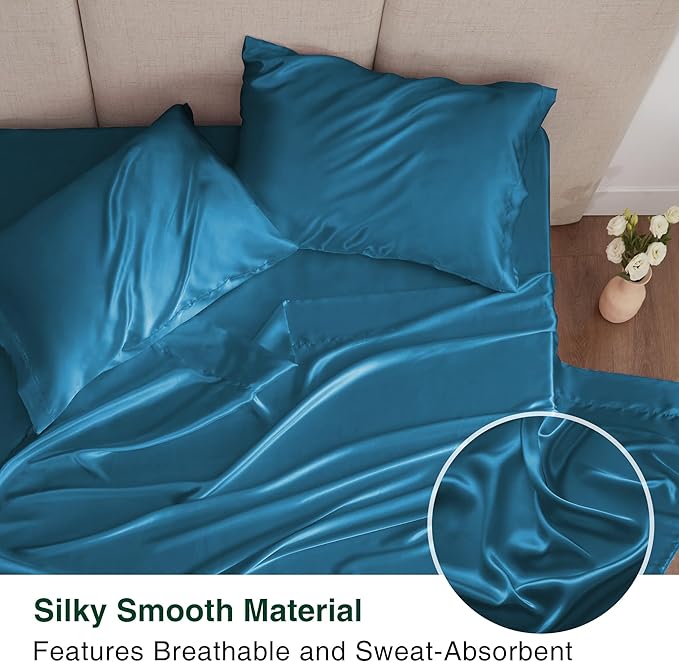 Love's cabin Full Size Satin Sheet Sets - 4 Piece Teal Silky Satin Sheet Set Full with Deep Pocket, Luxury Silk Feel Satin Bed Sheets Full Bedding Set (1 Flat Sheet,1 Fitted Sheet,2 Pillow Cases)