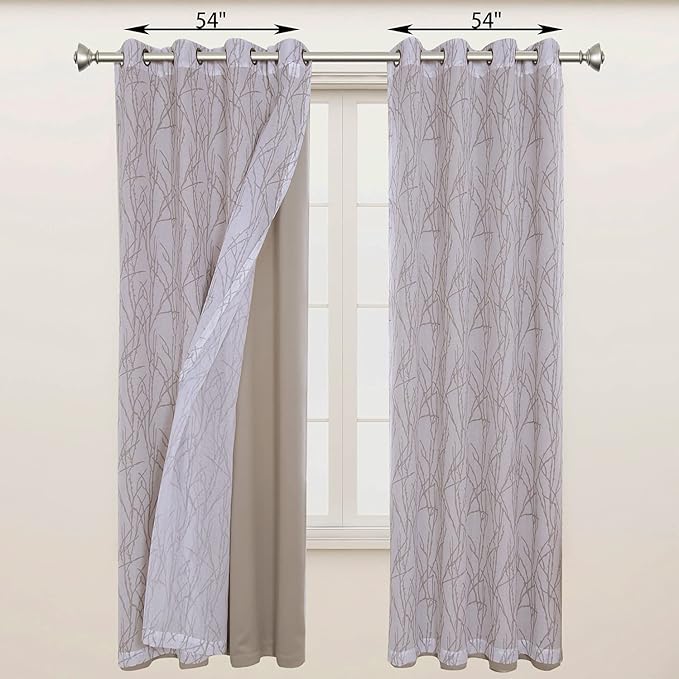 BONZER Mix and Match Curtains - 2 Pieces Branch Print Sheer Curtains and 2 Pieces Blackout Curtains for Bedroom Living Room Grommet Window Drapes, 54x63 Inch/Panel, Taupe, Set of 4 Panels
