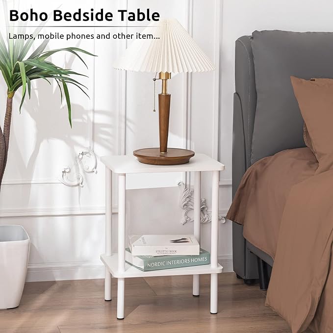 Apicizon 2 Tier End Table, Small Side Table with Solid Wood Legs, Boho Bedside Table with Storage Shelf, Nightstand for Small Spaces, Bedroom, Living Room, Entryway, Farmhouse, Easy Assembly, White