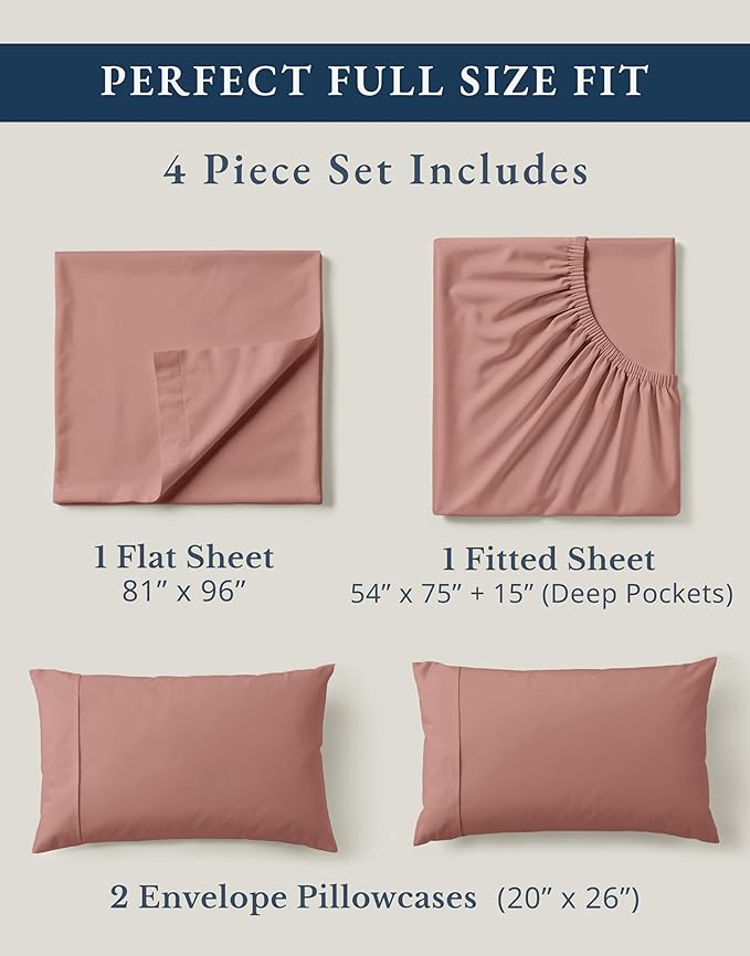 LANE LINEN 100% Organic Cotton Full Sheets Set, 4-Piece Pure Organic Cotton Percale Sheets, Long Staple Cotton Sheet, Ultra Soft Bedding Sheets, Breathable,Fits Mattress Upto 15" Deep - Rose Dawn