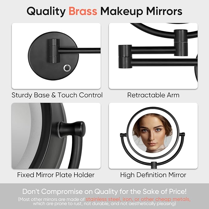 GURUN 8.5 Inch Magnifying Makeup Mirror with 3 Dimmable LED Lights Double Sided Touch Control Vanity Mirror for Bathroom with 10X Magnification Black Finish M1809D(Black/10X)