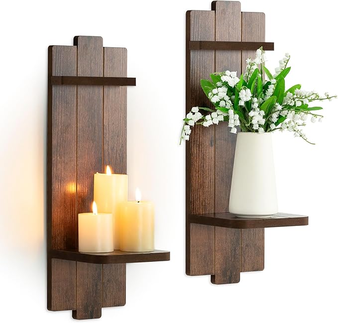 Large Candle Sconces for Farmhouse - 19.7 Inch Wood Candle Holder Wall Decor Set of 2 - Rustic Wall-Mounted Floating Shelf for Fireplace Mantel Bedroom Living Room