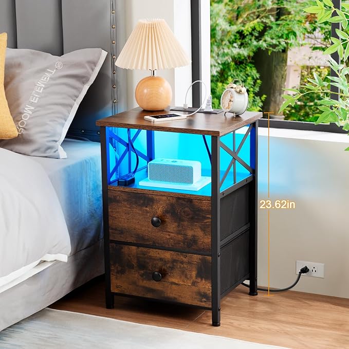 AMHANCIBLE Night Stand Set 2, LED Nightstand with Charging Station, End Tables Living Room with Fabric Drawers, Bedside Table for Bedroom, Rustic Brown, HET052LBR
