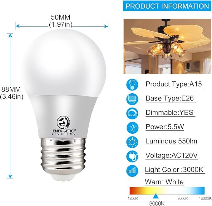 ENERGETIC SMARTER LIGHTING LED Refrigerator Bulb 40 Watt Equivalent, 3000K Warm White, Dimmable A15 Ceiling Fan Light Bulbs, E26 Base, UL Listed, 6 Pack