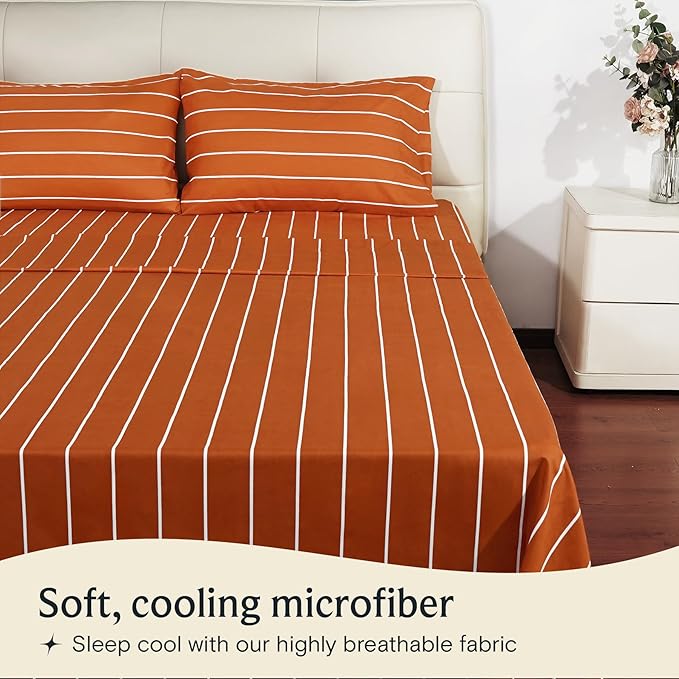 LuxClub 4 PC Sheet Set Bed Sheets Deep Pockets 16" Wrinkle Free Cooling Machine Washable Hotel Bedding Silky Soft - Striped-Autumn Orange Full