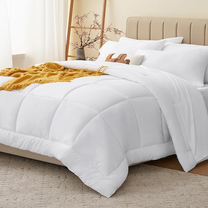 CozyLux King Size Comforter Set White, 7 Pieces Bed in a Bag, White Comforter King Size, All Season Bedding Sets with Stitch Quilted Comforter, Flat Sheet, Fitted Sheet, Pillowcases