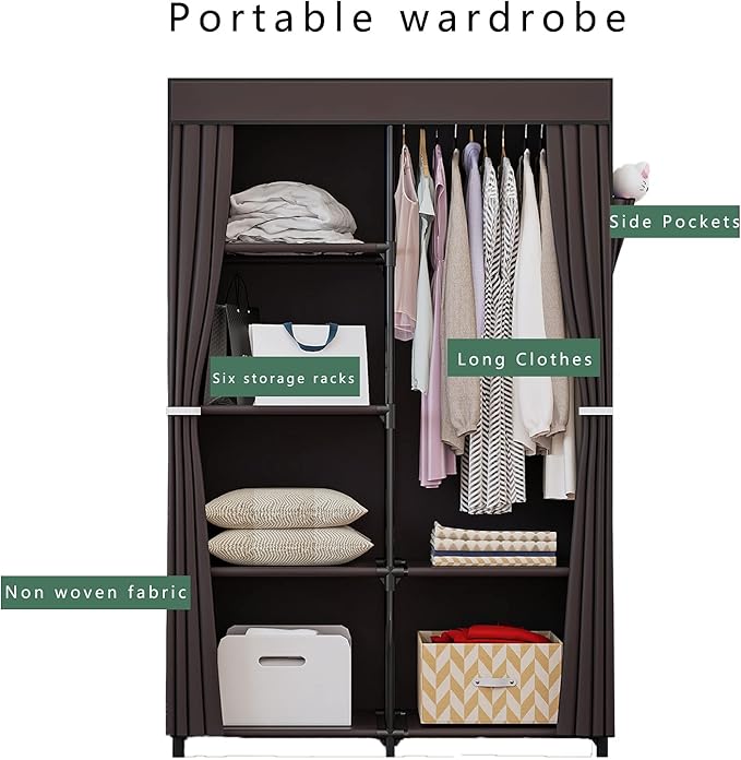 36 Inch Portable Wardrobe Closet Clothes Organizer with Metal Shelves and Dustproof Non-Woven Fabric (Coffee)