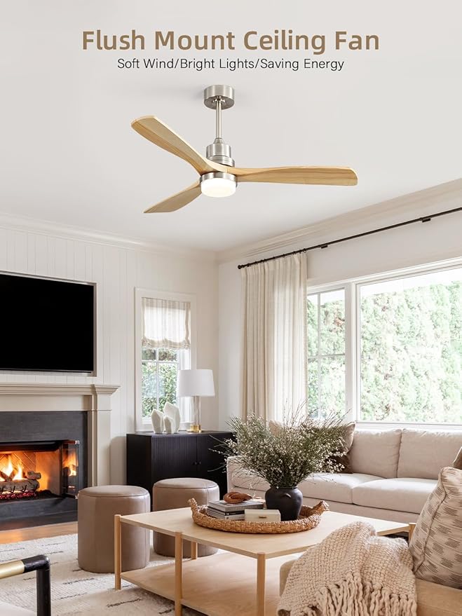 Sofucor 52 Inch Ceiling Fan with Lights and Remote Control-Modern Solid Wood Blade Ceiling Fan for Bedroom Living Room Indoor Outdoor Farmhouse Patio, Noiseless DC Motor, Sandy Nickel & Natural Wood