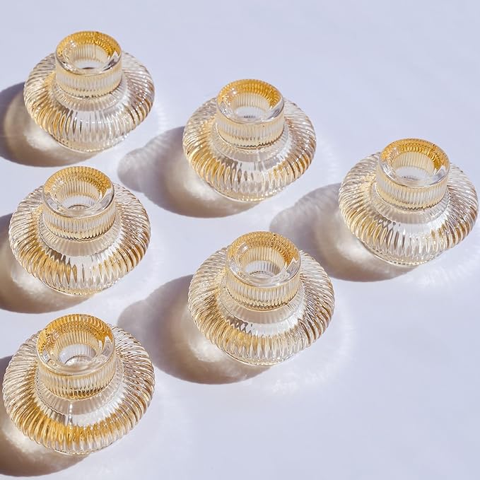 VOHO Champagne Gold Taper Candle Holders for Table Centerpiece, Classic Ribbed Candlestick Holders for Birthday Party Wedding Decor, Versatile Glass Candle Holder for Tealights/Taper Candles(Set of 6)