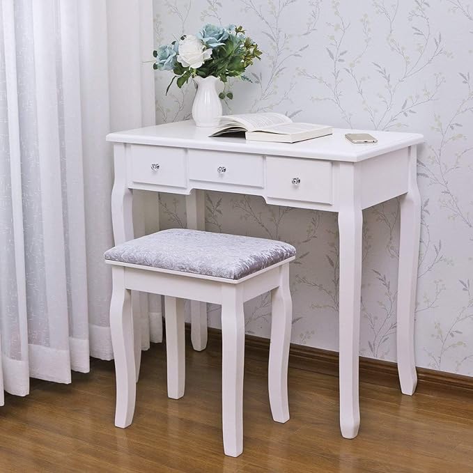 BEWISHOME Vanity Desk, Girls Vanity Set with Mirror and Lights,Small Makeup Vanity Table with 5 Drawer & Stool,Dressing Table with 3 Colors Lighting Adjustable Brightness for Girls White FST07W
