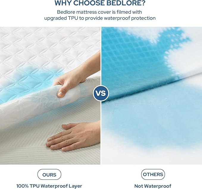 BEDLORE Waterproof Mattress Protector, Queen Size Noiseless Mattress Pad with Deep Pocket Fitted Up to 6-18 inches, Soft Noiseless Bed Mattress Cover Washable for Home, Bedroom, Hotel (White)