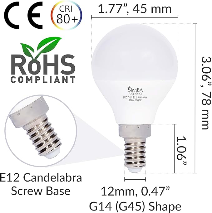 Simba Lighting LED Candelabra E12 Base G14 Small Globe 5 Watt 40W Replacement Light Bulb (6 Pack) for Ceiling Fan, Chandelier, Vanity, Round A15 Frosted White Cover, Non-Dimmable, 5000K Daylight