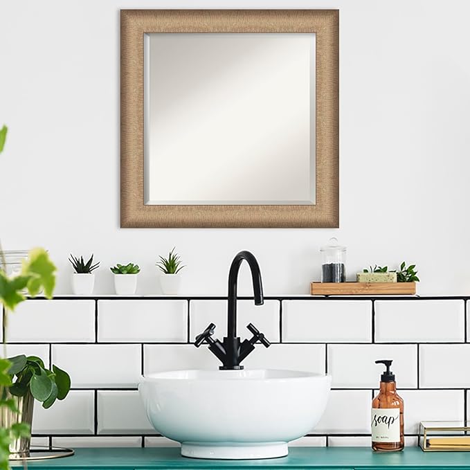 Amanti Art Bronze Bathroom Mirror for Over Sink, 25x25 Elegant Brushed Bronze Square Vanity Mirror, Medium Casual Frame, Hangs Horizonally and Vertically, Bathroom Wall Decor, Beveled Edge