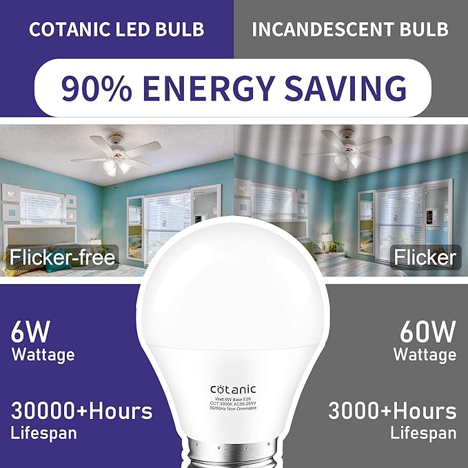 Cotanic 8 Pack Ceiling Fan Light Bulb 5000K Daylight, E26 Base A15 LED Bulb 60W Equivalent, 6W Small Light Bulb for Refrigertaor, Chandelier Light Bulbs, 600lm, Non-Dimmable