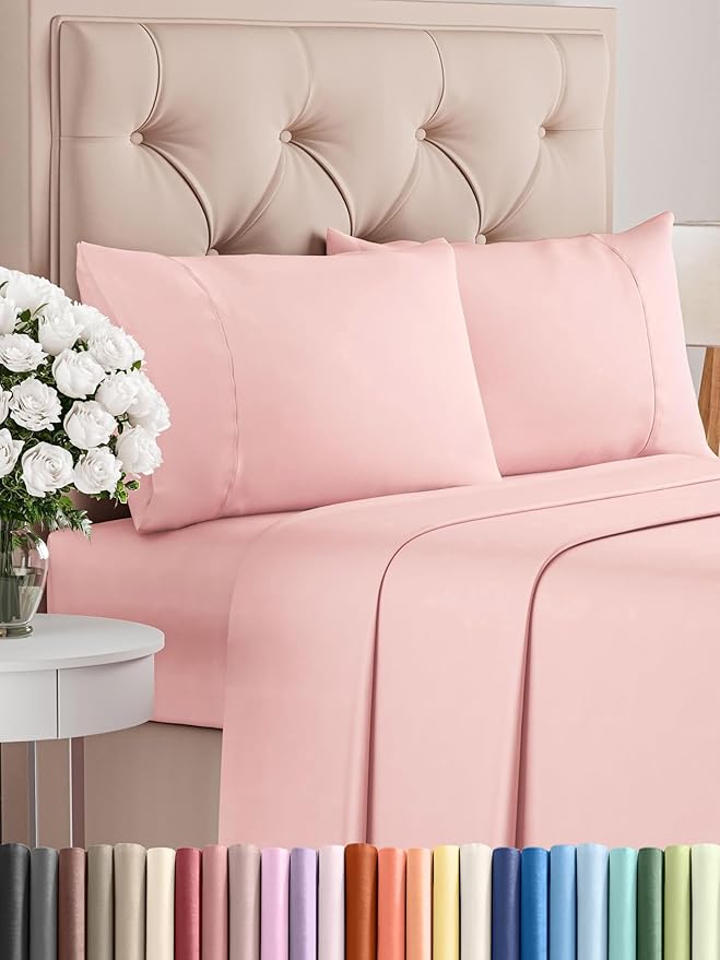 Twin XL 4 Piece Sheet Set - Comfy Breathable & Cooling - Ultra-Soft Hotel Luxury Bedding Set w/ 8-16 Inch Deep Pockets - 1 Flat & 1 Fitted Sheet & 2 Pillowcases - Wrinkle Free & Easy Care - Baby Pink
