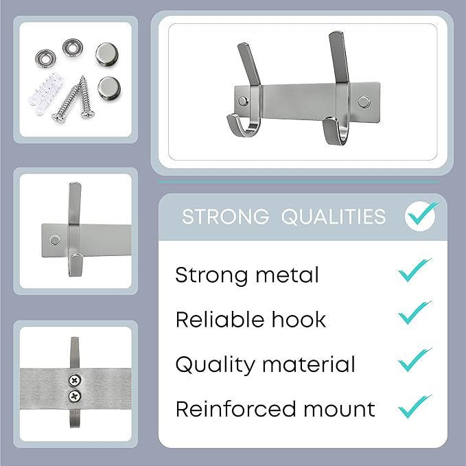 Small Coat Rack Wall Mount – Brushed Nickel 6 Inch Stainless Steel Hook Rail with 2 Heavy Duty Double Coat Hooks – Wall Mounted Coat Hanger for Entryway, Bathroom, Bedroom, Towel, Hat Organizer
