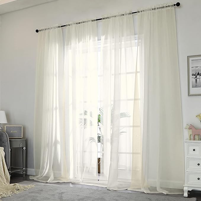 OWENIE Sheer Curtains 108" inches Long, 2 Panels Sheer Curtain Set, Rod Pocket Voile Drapes for Living Room, Airy Soft-Touching Drapes, 2pcs, Each 42" W x 108" L, Ivory