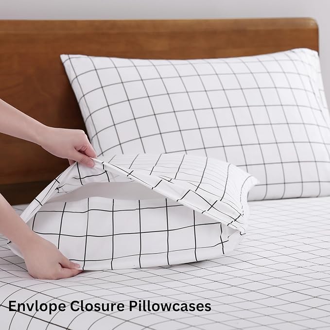 LANE LINEN Twin Sheet Set, 100% Organic Cotton Sheets Twin Size, 3Pc Twin Sheets Sets, Premium Bedding Sheets & Pillowcases, Percale Sheets, 15" Deep Pocket Twin Fitted Sheet - Windowpane