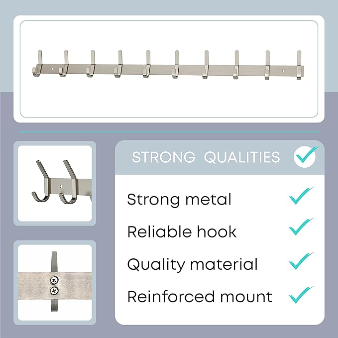 Coat Rack Wall Mount – Brushed Nickel 30 Inch Stainless Steel Hook Rail with 10 Heavy Duty Double Coat Hooks – Wall Mounted Coat Hanger for Entryway, Bathroom, Bedroom, Towel, Hat Organizer