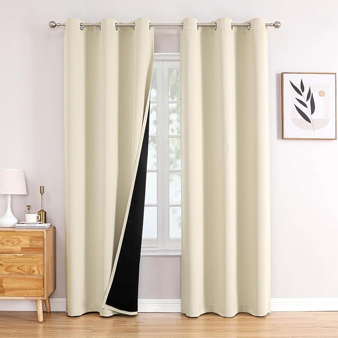 ChrisDowa 100% Blackout Curtains 84 inch Long for Bedroom with Black Liner, 2 Thick Layers Total Blackout Thermal Insulated Grommet Window Curtains 2 Panels Set (Light Beige, 42 x 84 Inch)