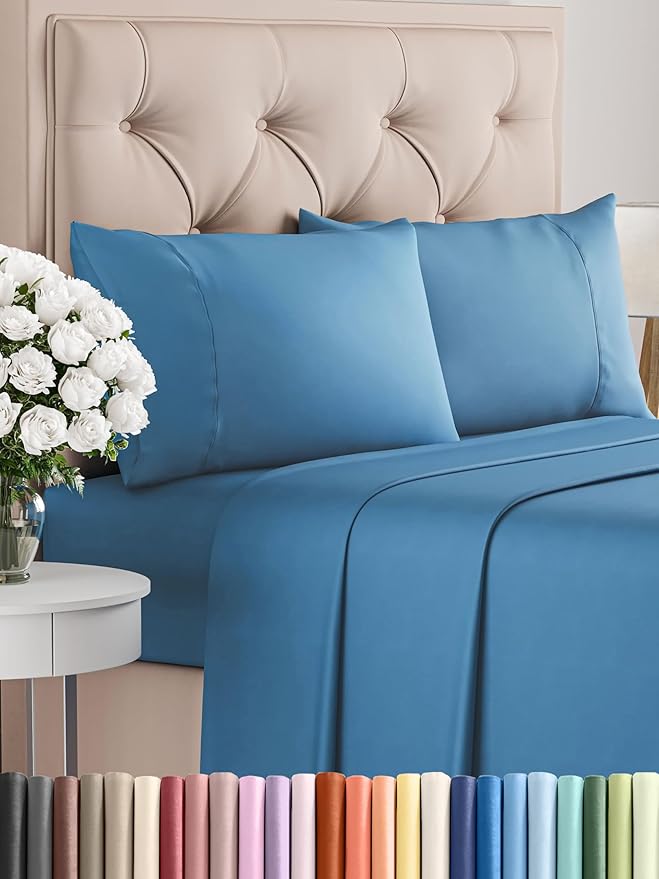 Twin XL Sheet Set 4 Piece - Bed Sheets Twin Size - Soft Hotel Luxury Bedding - Cooling, Comfy & Breathable - 1 Flat & 1 Fitted and 2 Pillowcases with Deep Pockets - Wrinkle and Fade Free - Denim Blue