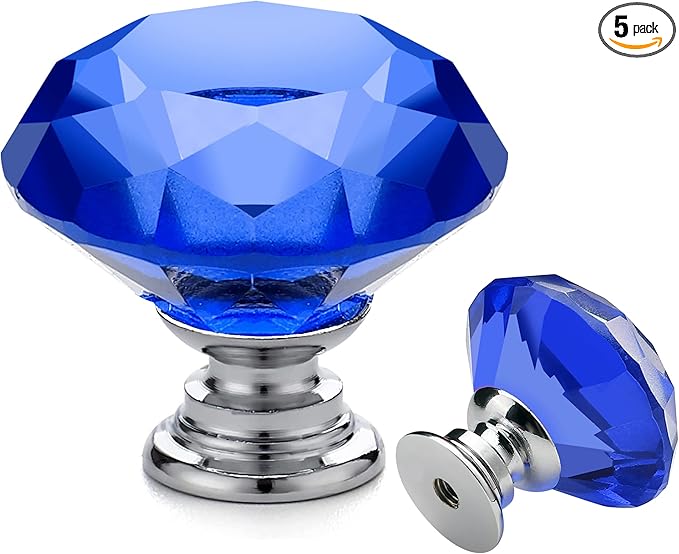 Ravinte 5 Pack Blue Crystal Knobs for Dresser Drawers - 30 mm Glass Cabinet Diamond Shaped Knobs With Silver Base