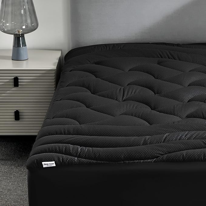 SLEEP ZONE Cooling Queen Mattress Topper, Premium Zoned Cool Mattress Pad Cover, Padded Mattress Protector Breathable Washable, Deep Pocket 8-21" (Black, Queen)