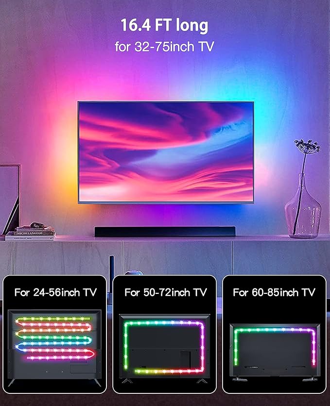 Daymeet TV Led Backlight, 16.4ft ICRGB LED Lights for TV Smart Led Lighting for 65-85inch Monitor, USB Led Lights Behind Backlight Sync with Music, Bluetooth APP Control with Remote