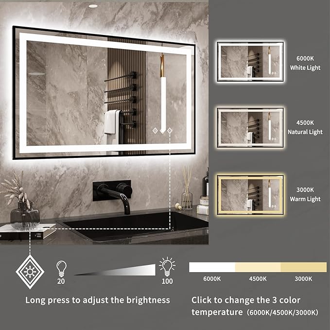 LED Mirror, 40x24 Inch Black Framed Gradient Front and Backlit Lighted Vanity Mirror, 3 Colors Dimmable CRI>90, IP54 Enhanced Anti-Fog Wall Mounted LED Bathroom Mirror