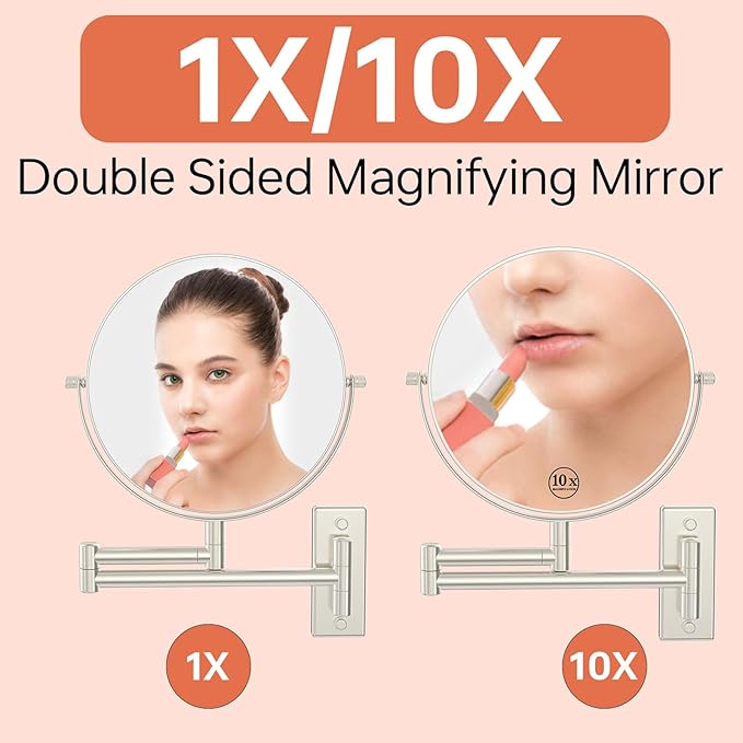 8" Wall Mounted Makeup Mirror 1X/ 10x Magnifying Mirror Double Sided Vanity Makeup Mirror for Bathroom Nickel Brush Finish