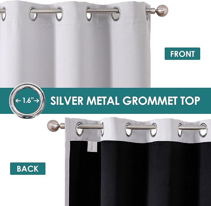ChrisDowa 100% Blackout Curtains for Bedroom with Black Liner, 2 Thick Layers Total Blackout Thermal Insulated Grommet Window Curtains 2 Panels Set (Greyish White, 52 x 63 Inch)