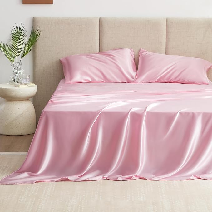 Love's cabin Full Size Satin Sheet Sets - 4 Piece Pink Silky Sheet Set Full with Deep Pocket, Luxury Silk Feel Bed Sheets Full Bedding Set (1 Flat Sheet,1 Fitted Sheet,2 Pillow Cases)