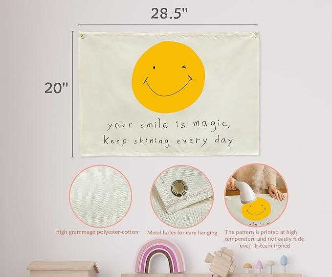 Boho Rectangular Banner Flag Wall Sign Decor Gift for Baby Boy Girl Kids,Nursery Baby Room Above Crib Bedroom Living Room Wall Decor-Your Smile Is Magic Keep-Baby,Shower Birthday Christmas Gift