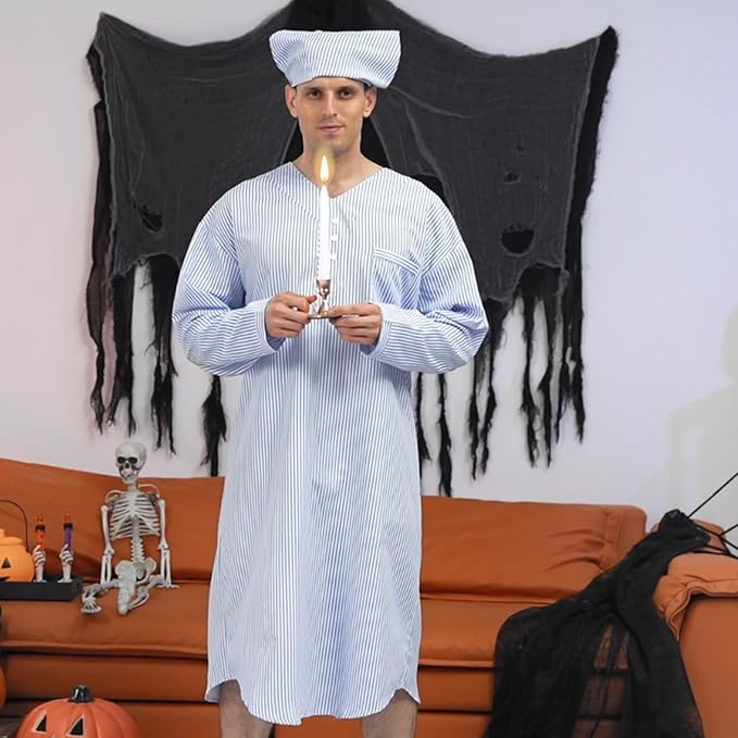 Toulite 4 Pcs Men's Pajama Set Includes Men's Nightshirt Night Sleeping Cap Candle Holder and Candle for Halloween Christmas(3x-large)