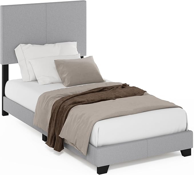 Furinno Pessac Fabric Upholstered Bed Frame with Wooden Slat Support, Twin XL, Glacier