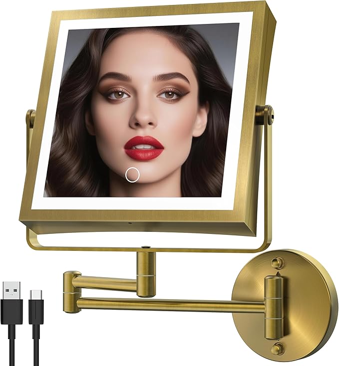 Rechargeable Wall Mounted Makeup Mirror with Lights, 4000mAh Double Sided 1X/10X Magnifying Vanity Mirror with 3 Color Lights, Touch Dimmable, 360° Extension Foldable Arm (Antique Brass)