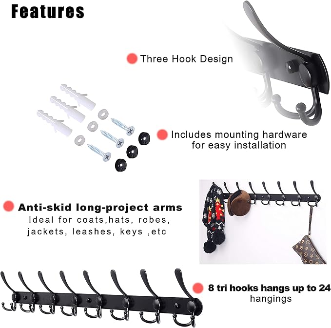 Dseap Coat Rack Wall Mount - 29.5” Long 8-Tri-Hooks Heavy Duty Coat Hanger Rail Wall Hooks for Hanging Coats Hats Clothing Clothes Purse Mudroom Entryway, Black